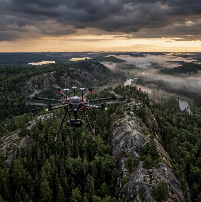 Survey hexacopter flying over forested ridges at sunset