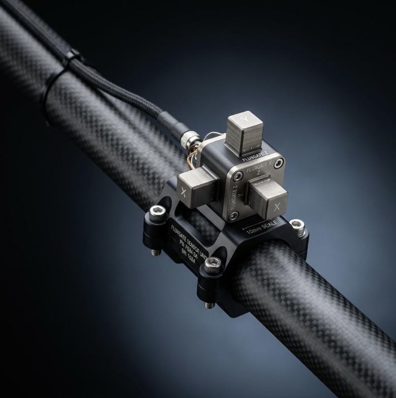 Triaxial fluxgate sensor clamped to a carbon-fibre boom