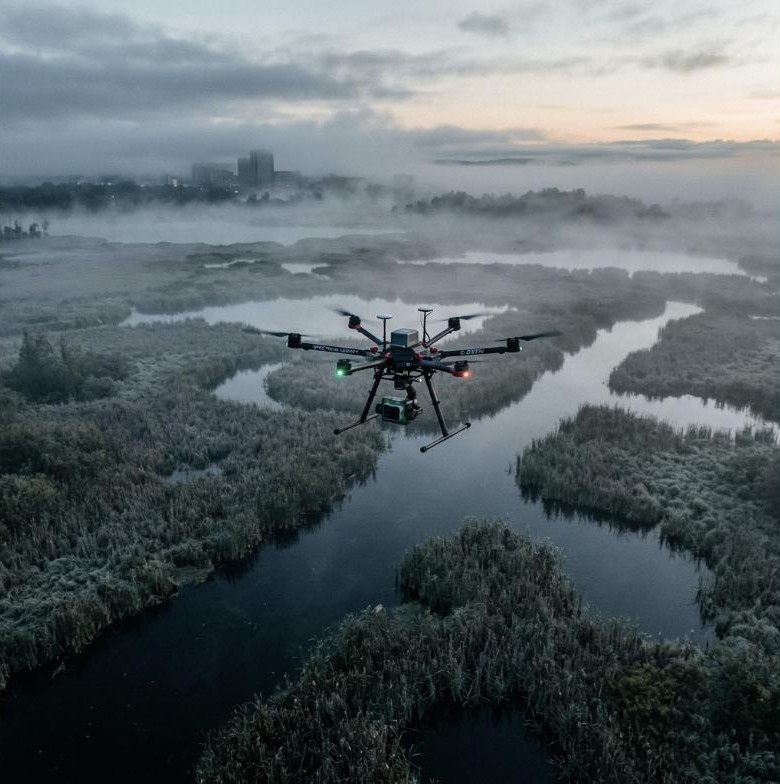 Survey drone over misty wetlands at dawn