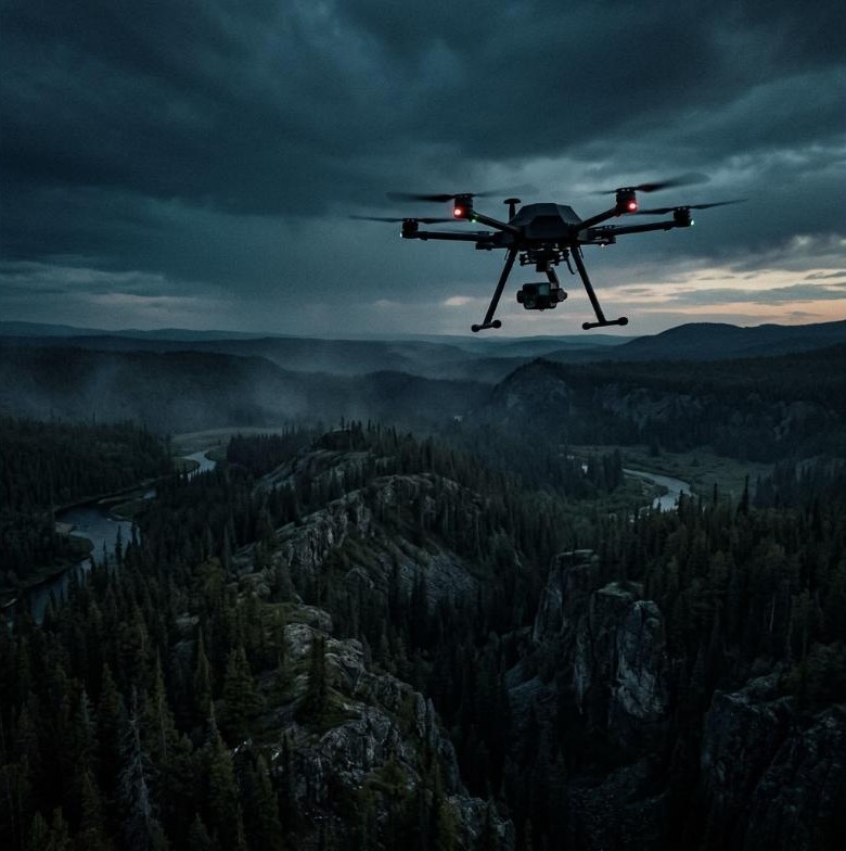 Survey drone flying over a forested river valley at dusk