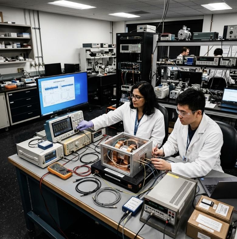 Two researchers calibrating a sensor coil on a lab bench