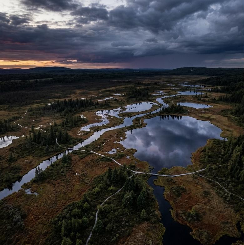 Aerial view of wetlands and ponds under a stormy sky