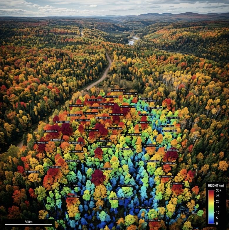 Autumn forest with a colour-coded tree-height overlay