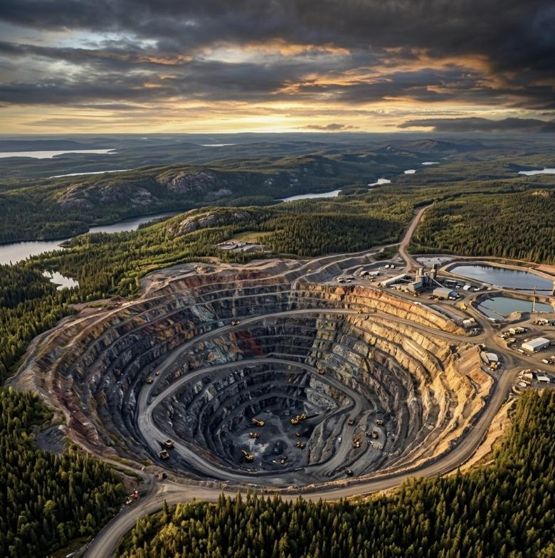 Aerial view of an open-pit mine surrounded by forest and lakes