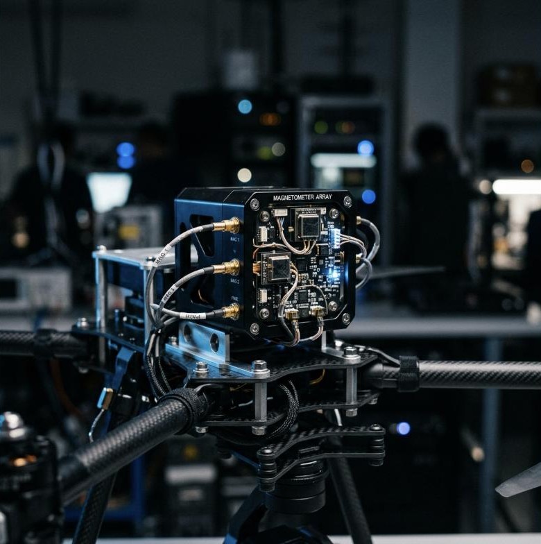 Magnetometer array mounted on a drone frame in a lab