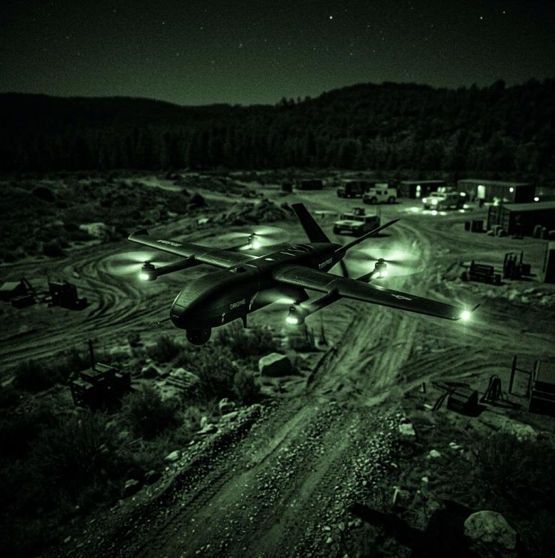 Night-vision view of a fixed-wing UAV over a field base