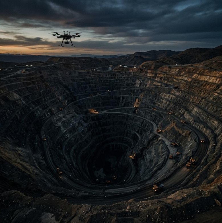 Drone above an open-pit mine
